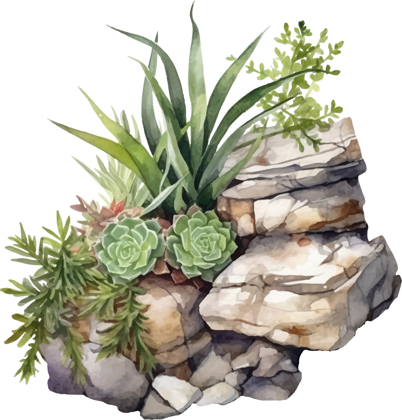 rock with plants watercolor illustration