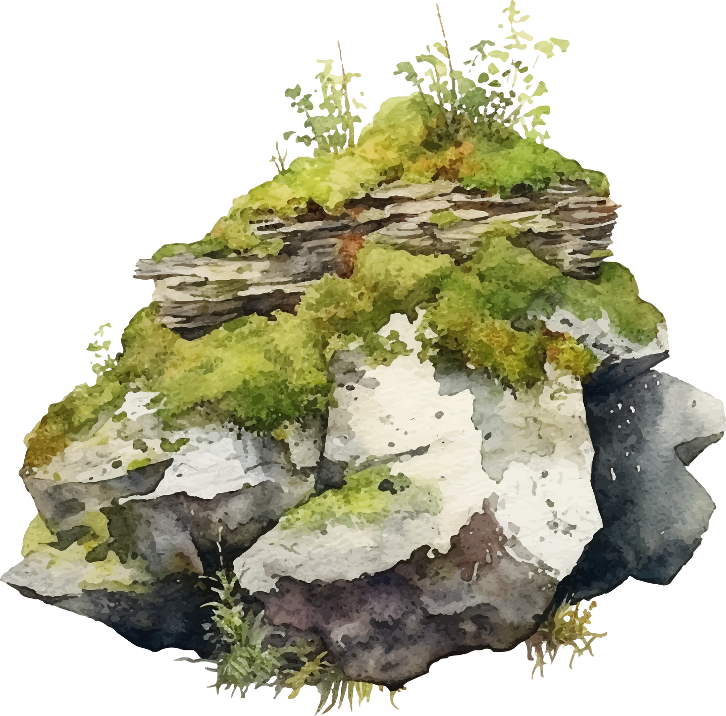 rock and moss in watercolor style illustration